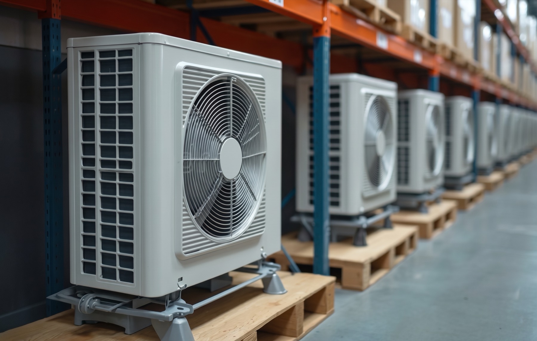 Rows of heat pump outdoor units stacked on pallets in a warehouse