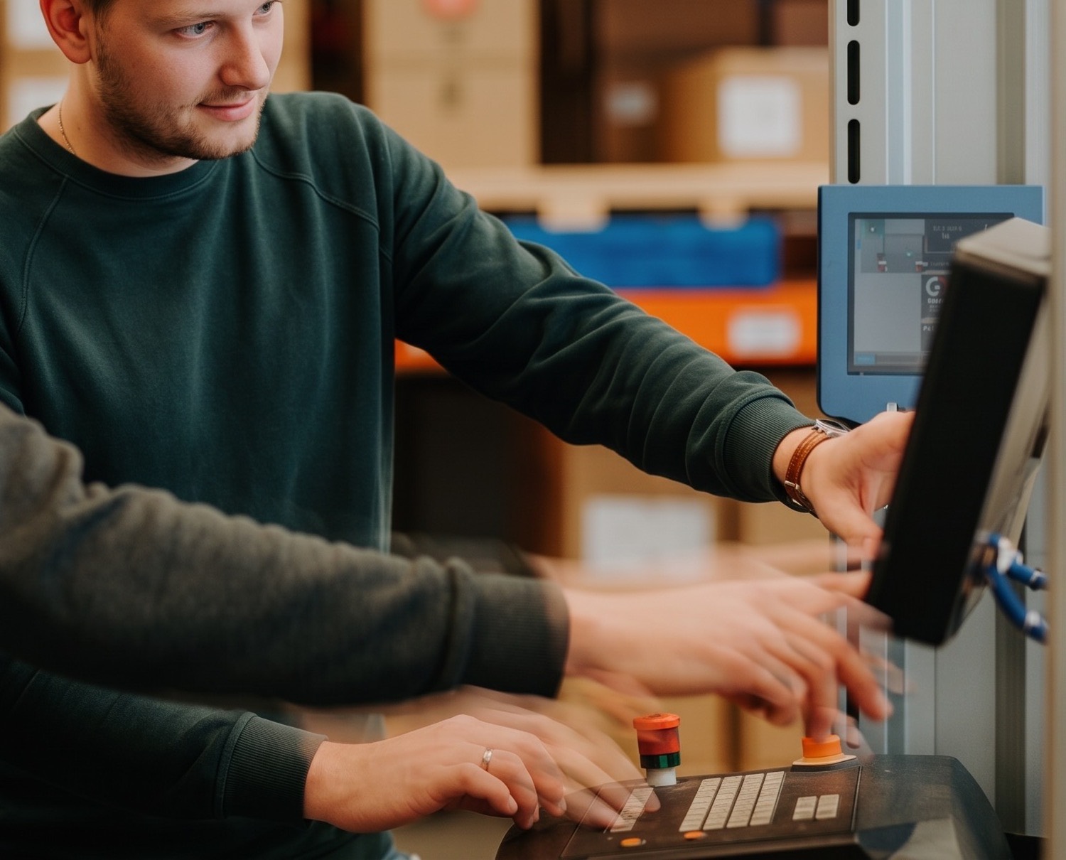 A staff member at a trade counter keying an order into a terminal