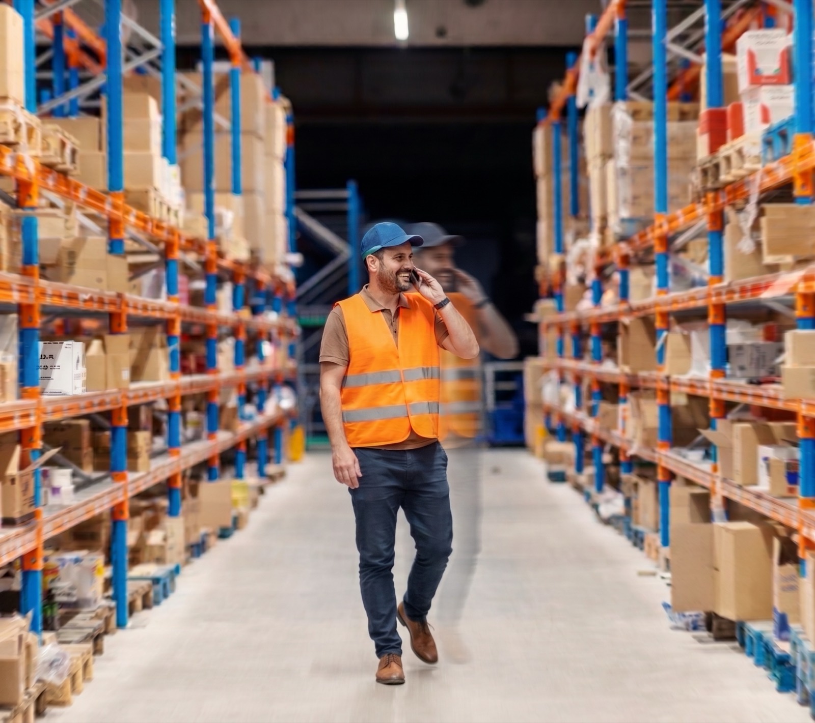 A warehouse worker in a hi-vis vest walking an aisle of stocked shelving