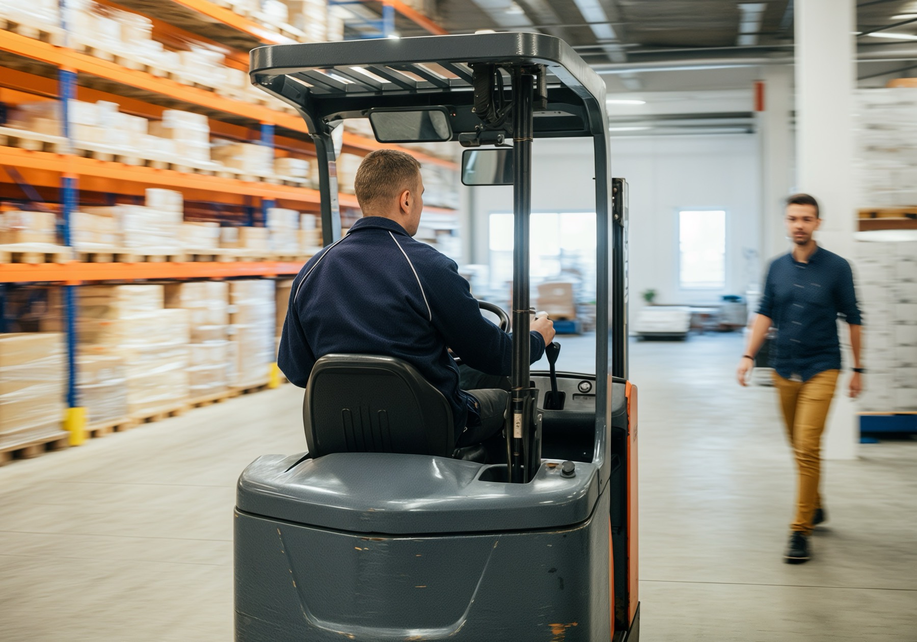 A forklift operator and a colleague working an aisle of a distribution warehouse