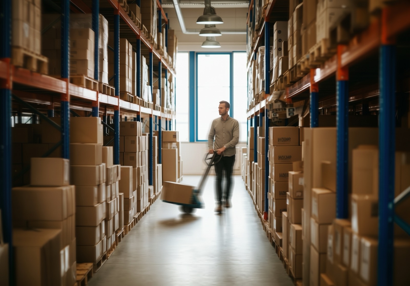 A worker pulling a pallet trolley down a warehouse aisle lined with boxes
